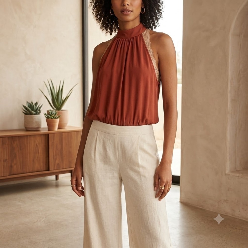 Express Bodysuit Women XL Rust Halter High Neck Pleated Keyhole Back NWT